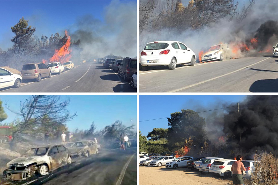 Otluk alan, ağaçlar ve otomobiller alev alev yandı